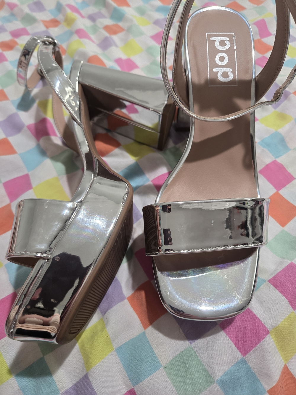 pop Silver Metallic Platform Block Heel Sandals
